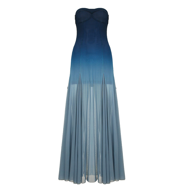 Ombre Strapless Sheer Maxi Dress Elegant Gradient Gown - Vedlit