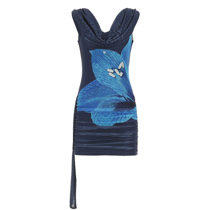 One Shoulder Mesh Bodycon Dress with Blue Floral Print - Vedlit