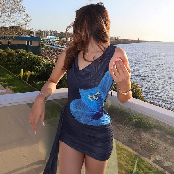 One Shoulder Mesh Bodycon Dress with Blue Floral Print - Vedlit