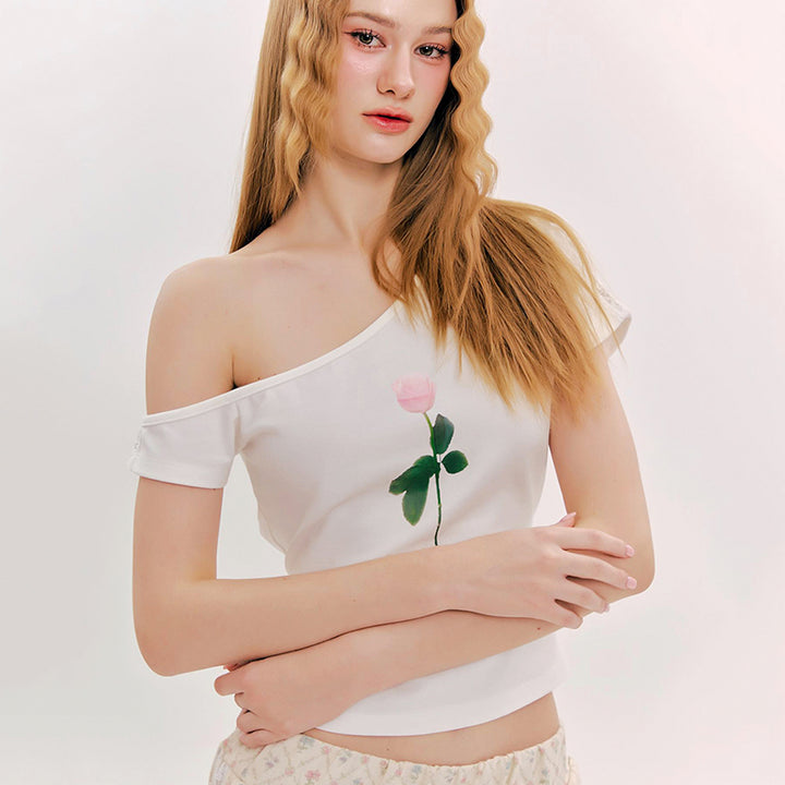 One-Shoulder Pink Rose Graphic Tee - Vedlit