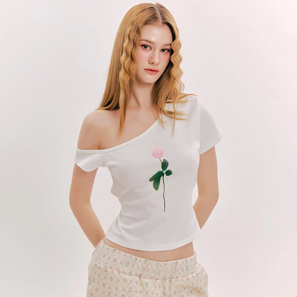 One-Shoulder Pink Rose Graphic Tee - Vedlit