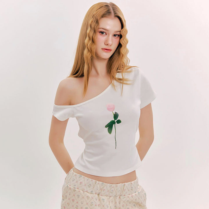One-Shoulder Pink Rose Graphic Tee - Vedlit