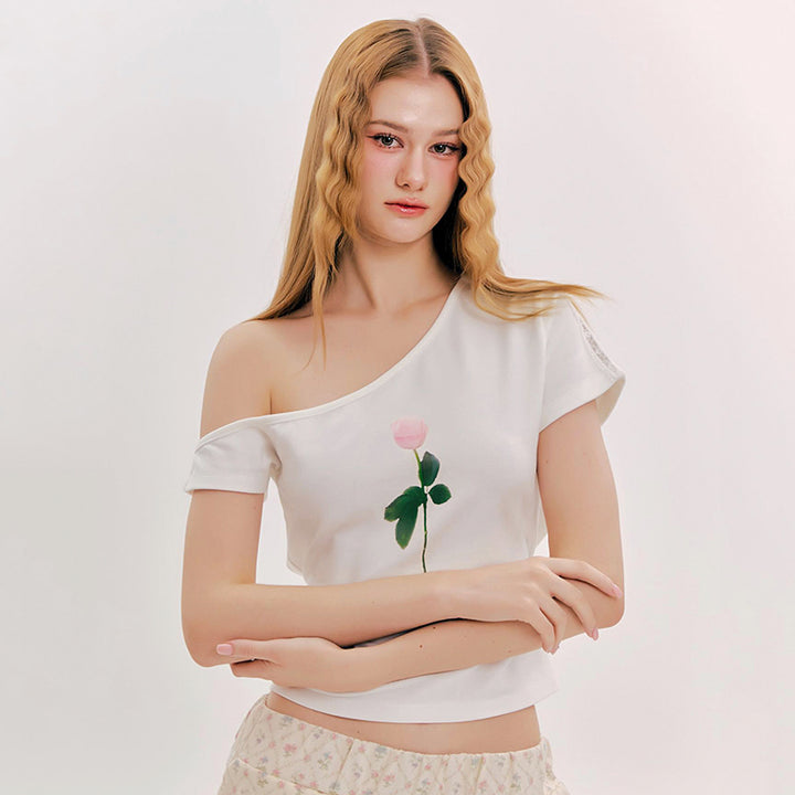 One-Shoulder Pink Rose Graphic Tee - Vedlit