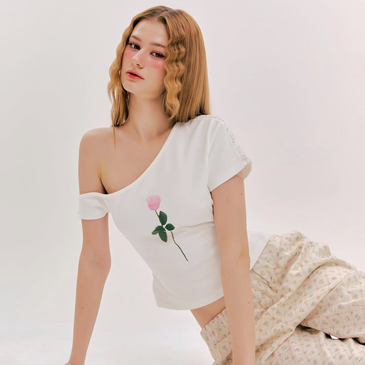 One-Shoulder Pink Rose Graphic Tee - Vedlit