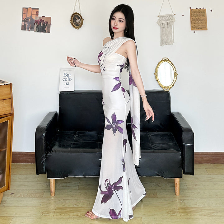 One-Shoulder Sheer Floral Bodycon Maxi Dress - Vedlit