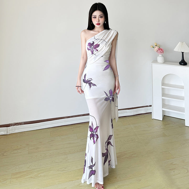One-Shoulder Sheer Floral Bodycon Maxi Dress - Vedlit