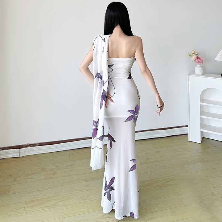 One-Shoulder Sheer Floral Bodycon Maxi Dress - Vedlit