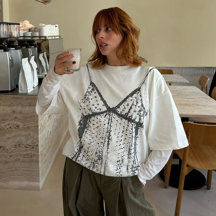 Oversized Illusion Lingerie Print T-Shirt – White Streetwear - Vedlit