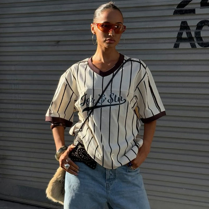 Oversized Striped Baseball Tee with V-Neck & Retro Print - Vedlit
