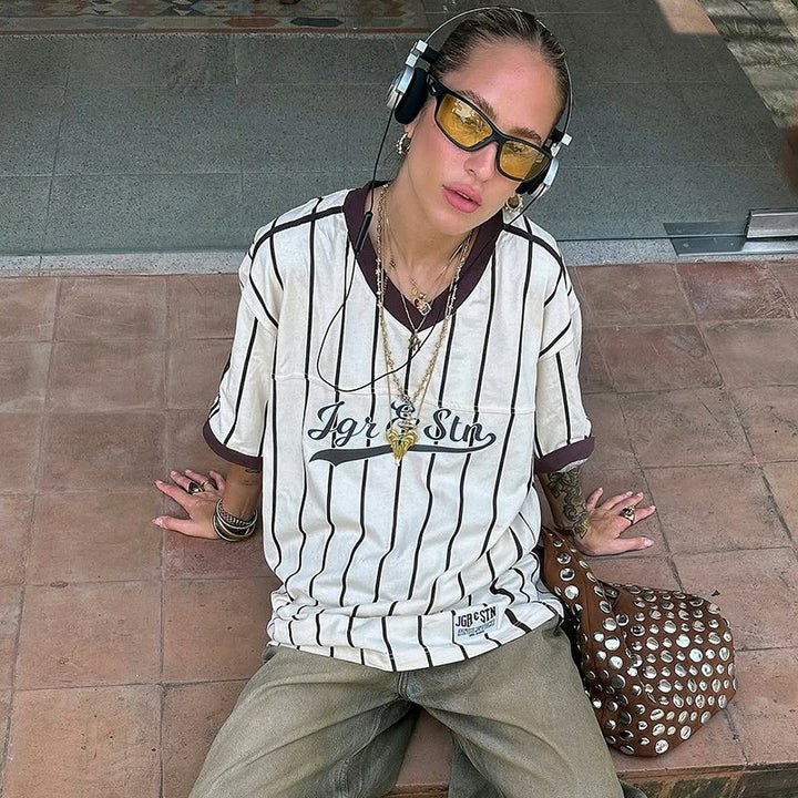 Oversized Striped Baseball Tee with V-Neck & Retro Print - Vedlit