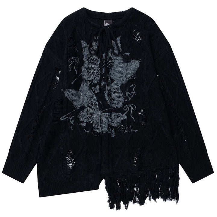 Oversized Ripped Sweater with Butterfly Print - Vedlit