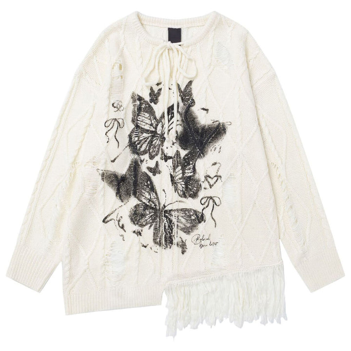 Oversized Ripped Sweater with Butterfly Print - Vedlit