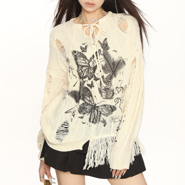 Oversized Ripped Sweater with Butterfly Print - Vedlit
