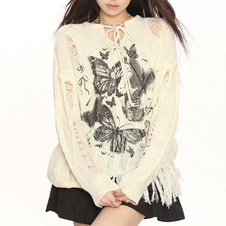 Oversized Ripped Sweater with Butterfly Print - Vedlit