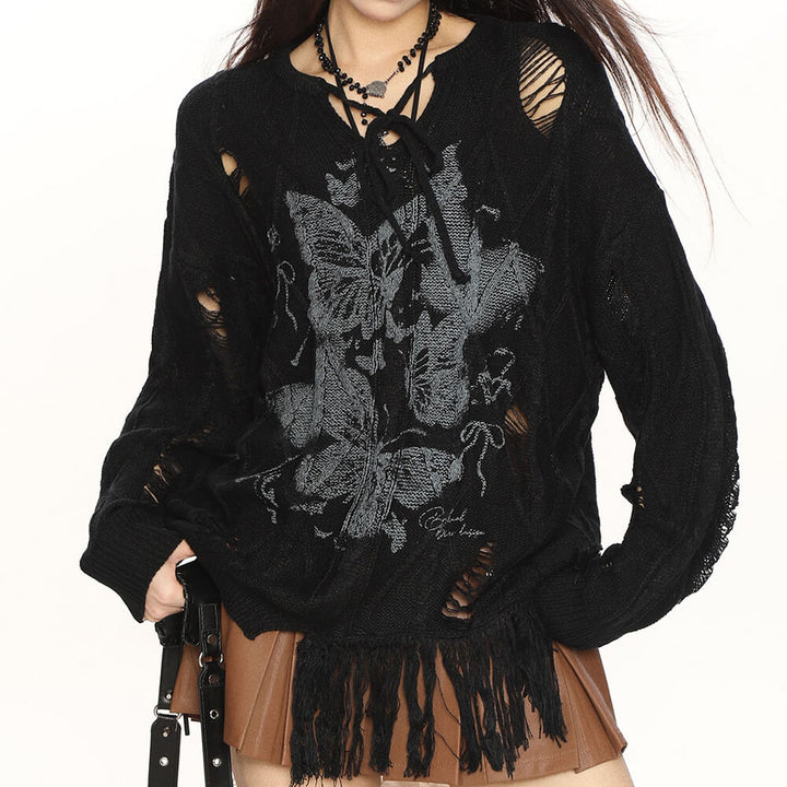 Oversized Ripped Sweater with Butterfly Print - Vedlit