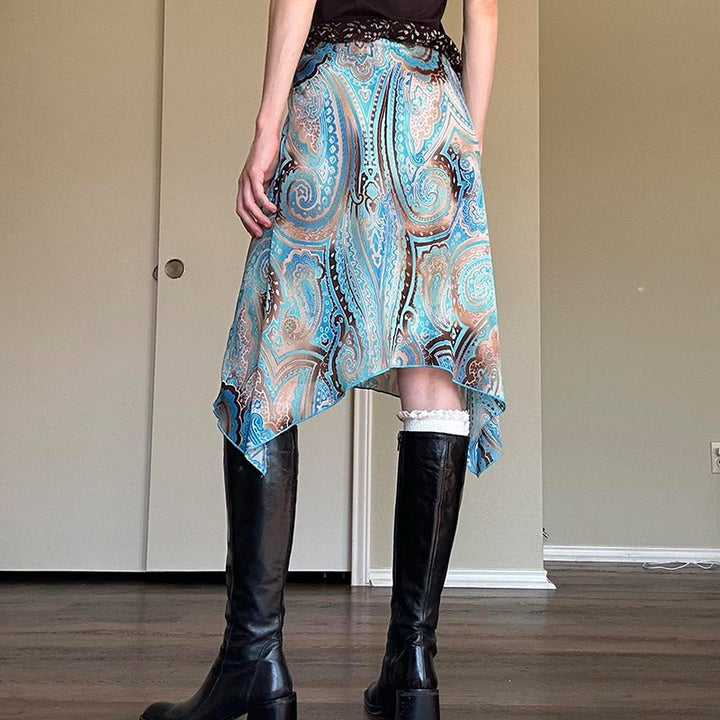 Paisley Asymmetrical Hem Slip Skirt in Blue Boho Print - Vedlit