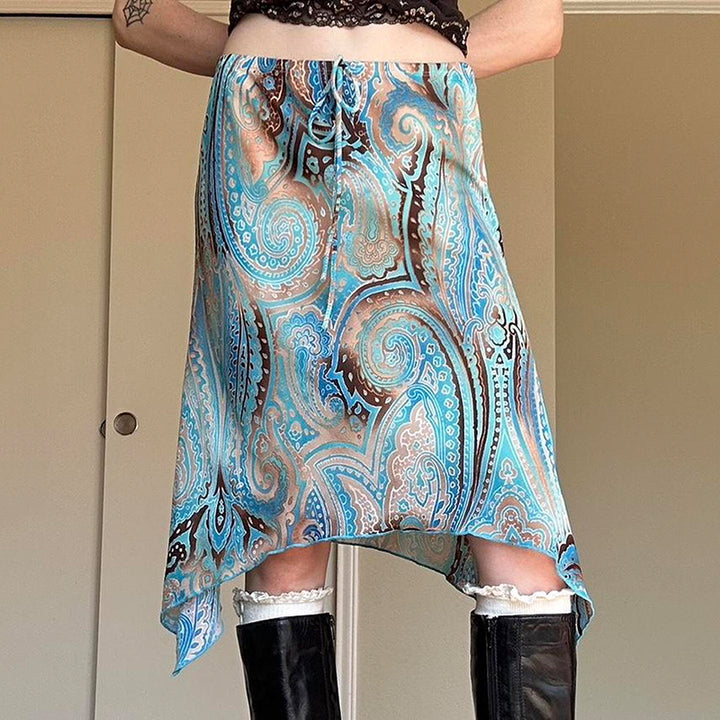 Paisley Asymmetrical Hem Slip Skirt in Blue Boho Print - Vedlit