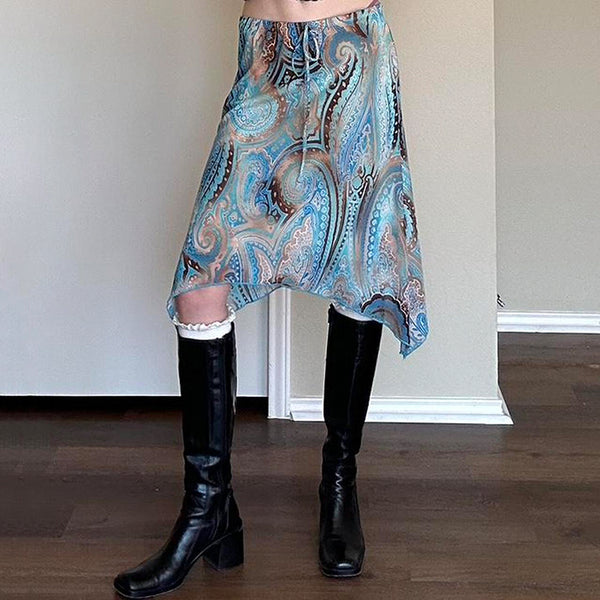 Paisley Asymmetrical Hem Slip Skirt in Blue Boho Print - Vedlit