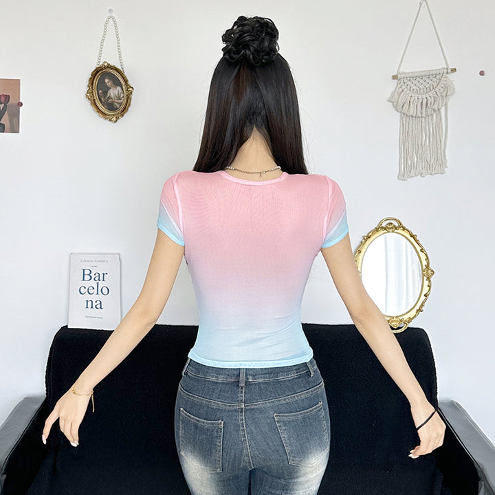 Pastel Gradient Bow Mesh Tee – Y2K Sheer Fit Top - Vedlit