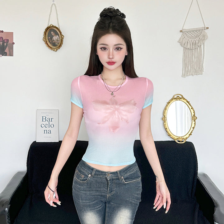 Pastel Gradient Bow Mesh Tee – Y2K Sheer Fit Top - Vedlit