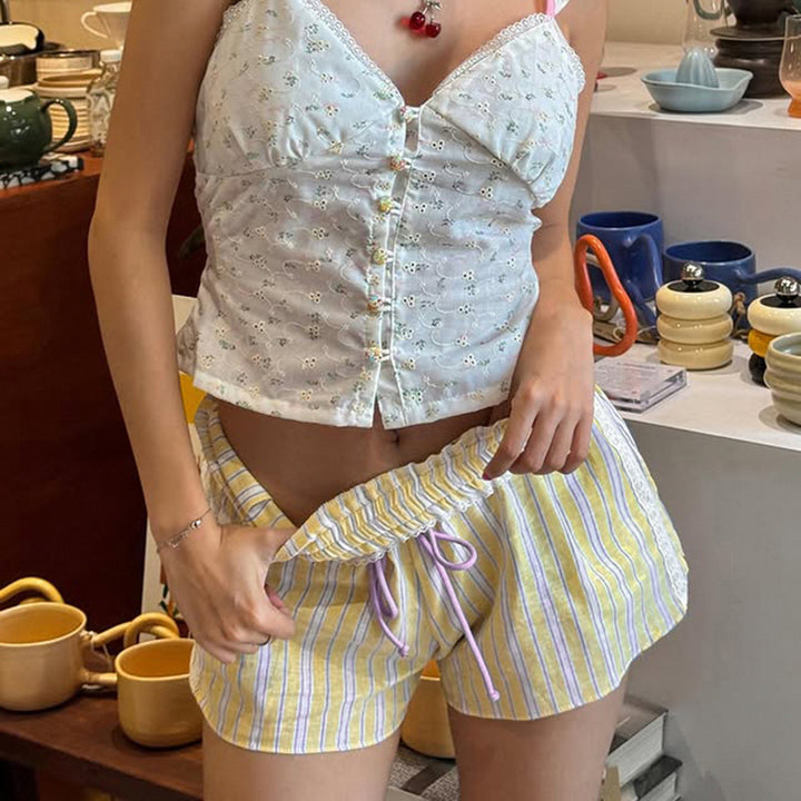 Pastel Lace Trim Striped Drawstring Shorts - Vedlit