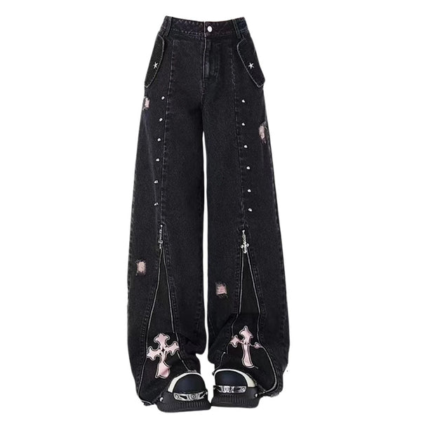 Pastel Goth Cross Baggy Jeans - Vedlit
