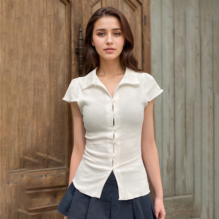 Pearl Button Ribbed Knit Fitted Shirt with Cap Sleeves - Vedlit