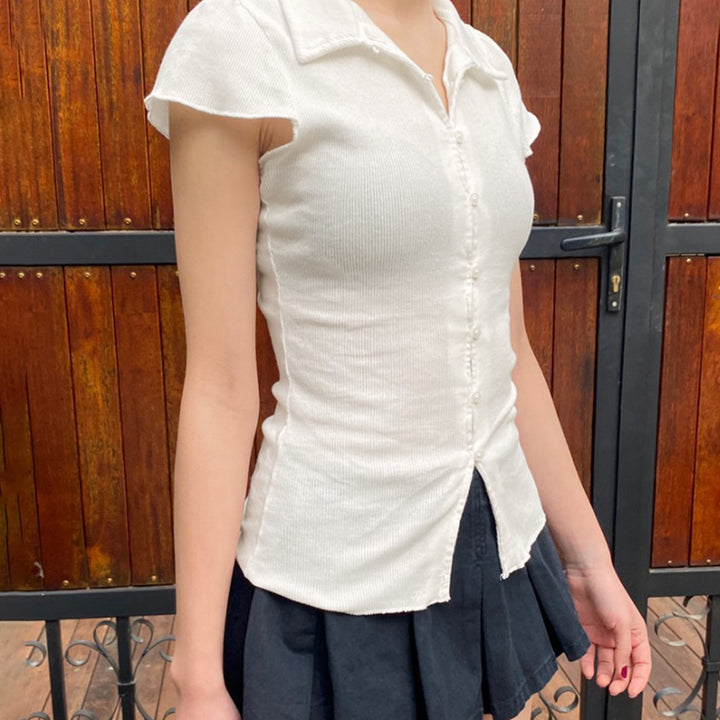 Pearl Button Ribbed Knit Fitted Shirt with Cap Sleeves - Vedlit