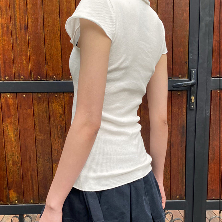 Pearl Button Ribbed Knit Fitted Shirt with Cap Sleeves - Vedlit