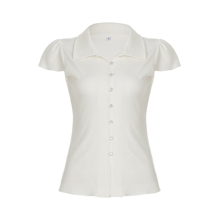 Pearl Button Ribbed Knit Fitted Shirt with Cap Sleeves - Vedlit