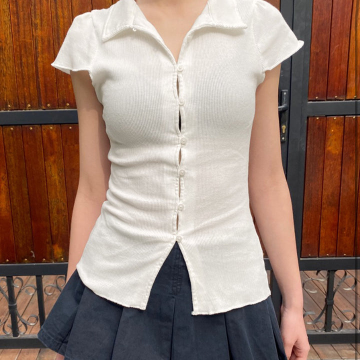 Pearl Button Ribbed Knit Fitted Shirt with Cap Sleeves - Vedlit