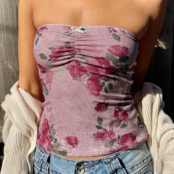 Pink Floral Glitter Mesh Strapless Tube Top - Vedlit