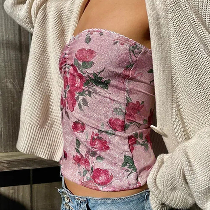 Pink Floral Glitter Mesh Strapless Tube Top - Vedlit