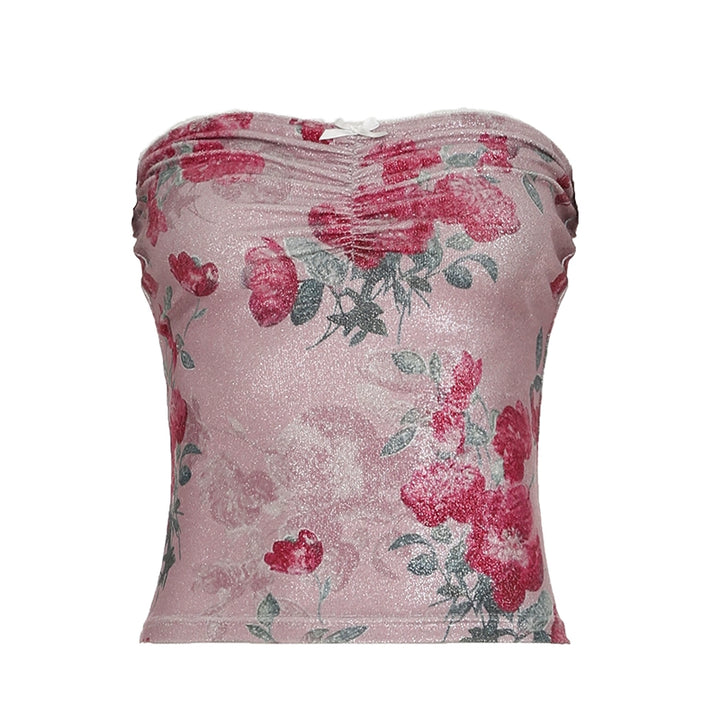 Pink Floral Glitter Mesh Strapless Tube Top - Vedlit
