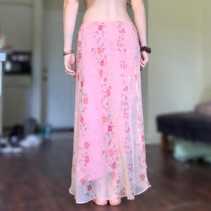 Pink Floral Sheer Layered Maxi Skirt Boho Asymmetrical Hem - Vedlit