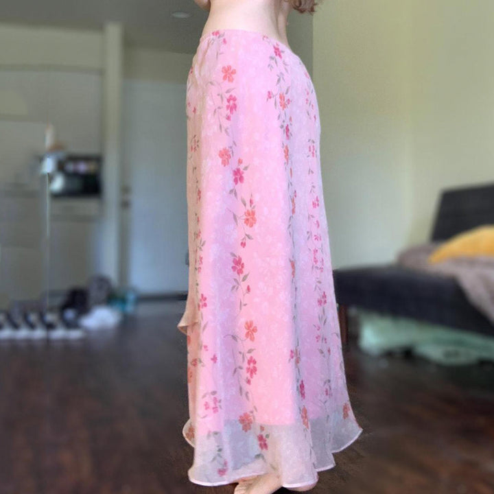 Pink Floral Sheer Layered Maxi Skirt Boho Asymmetrical Hem - Vedlit
