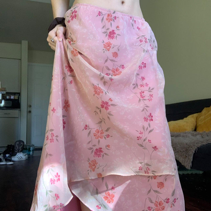 Pink Floral Sheer Layered Maxi Skirt Boho Asymmetrical Hem - Vedlit