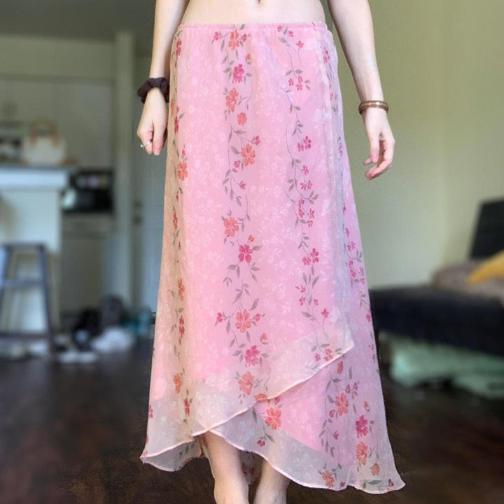 Pink Floral Sheer Layered Maxi Skirt Boho Asymmetrical Hem - Vedlit