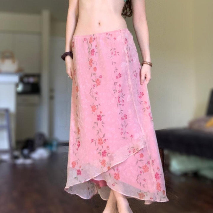 Pink Floral Sheer Layered Maxi Skirt Boho Asymmetrical Hem - Vedlit