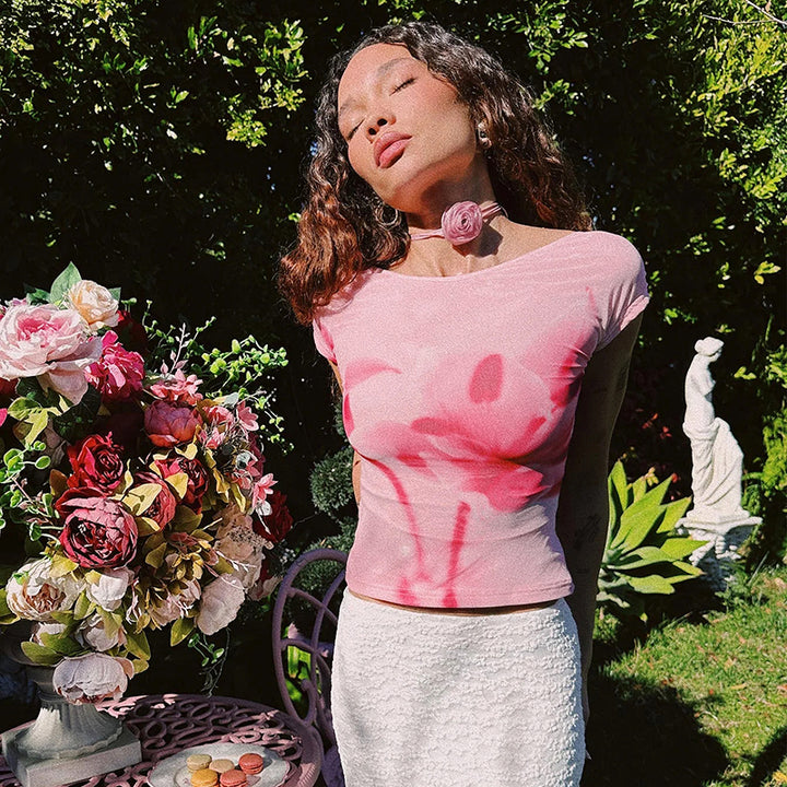 Pink Floral Spray Backless Cap Sleeve Top - Vedlit