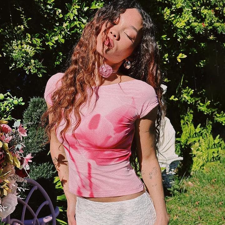 Pink Floral Spray Backless Cap Sleeve Top - Vedlit