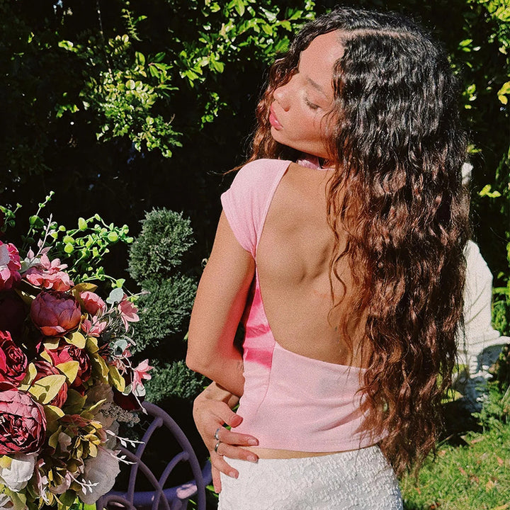 Pink Floral Spray Backless Cap Sleeve Top - Vedlit