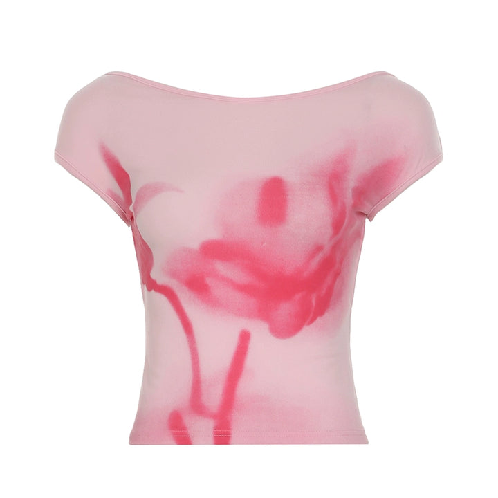 Pink Floral Spray Backless Cap Sleeve Top - Vedlit
