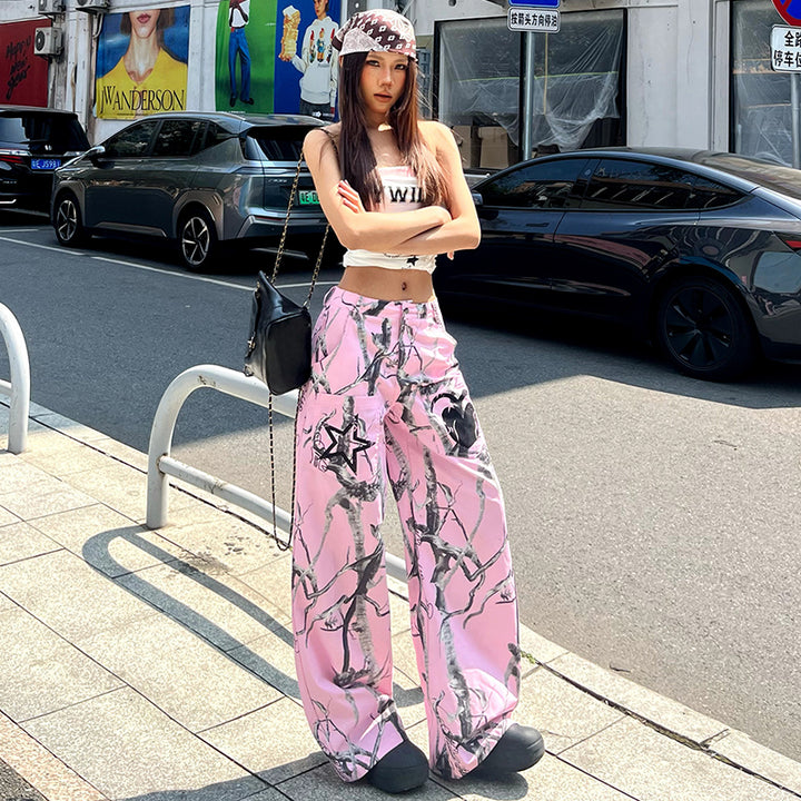 Pink Graffiti Tree Camo Wide-Leg Streetwear Pants - Vedlit