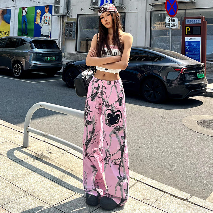 Pink Graffiti Tree Camo Wide-Leg Streetwear Pants - Vedlit