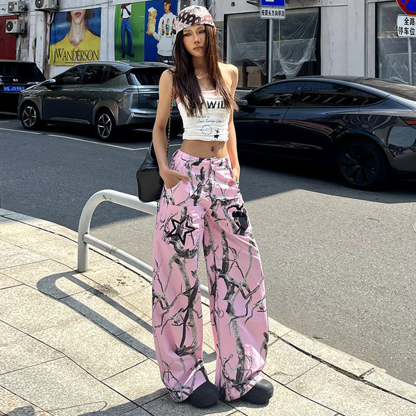 Pink Graffiti Tree Camo Wide-Leg Streetwear Pants - Vedlit