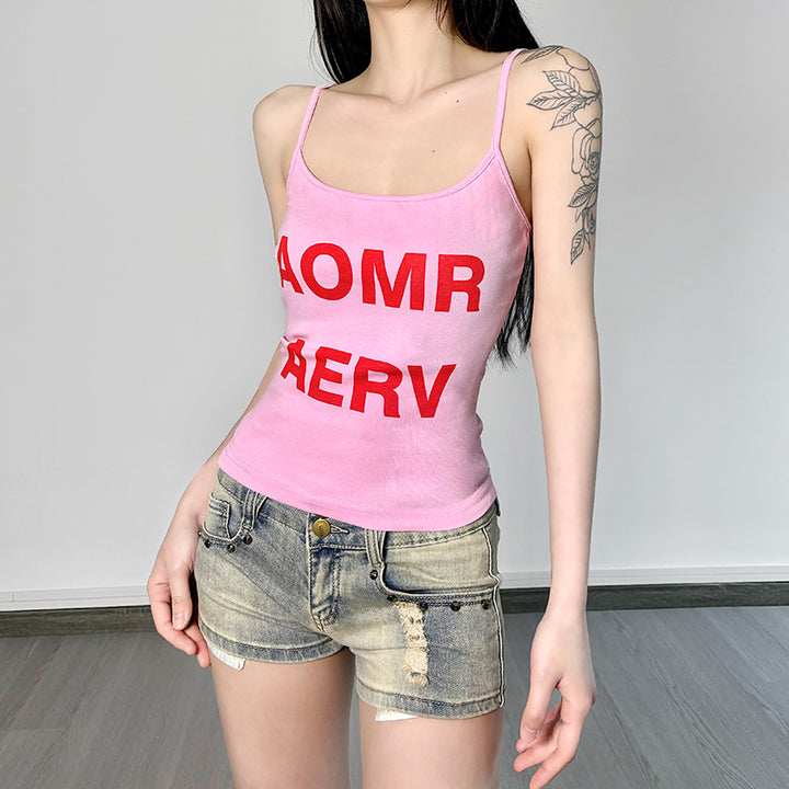Pink Graphic Spaghetti Strap Tank Top Y2K Streetwear - Vedlit
