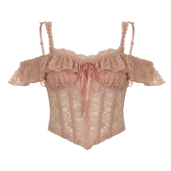 Pink Lace Off-Shoulder Corset Top with Ruffle Trim - Vedlit