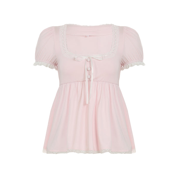 Pink Lace Trim Puff Sleeve Baby Doll Top - Vedlit