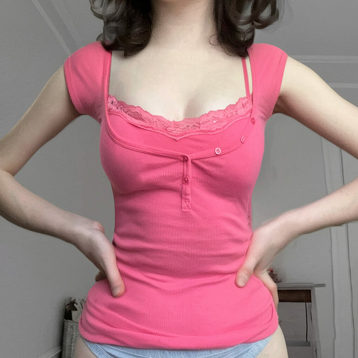 Pink Lace Trim Ribbed Button Tank Top - Vedlit